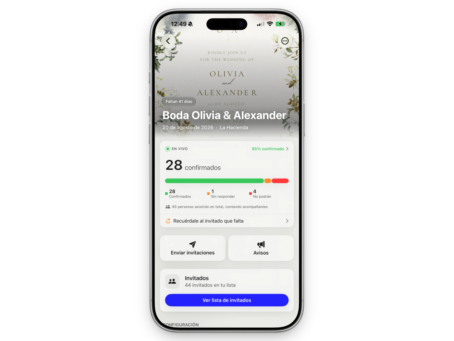 App móvil de Confirmalia mostrando las confirmaciones de un evento en tiempo real