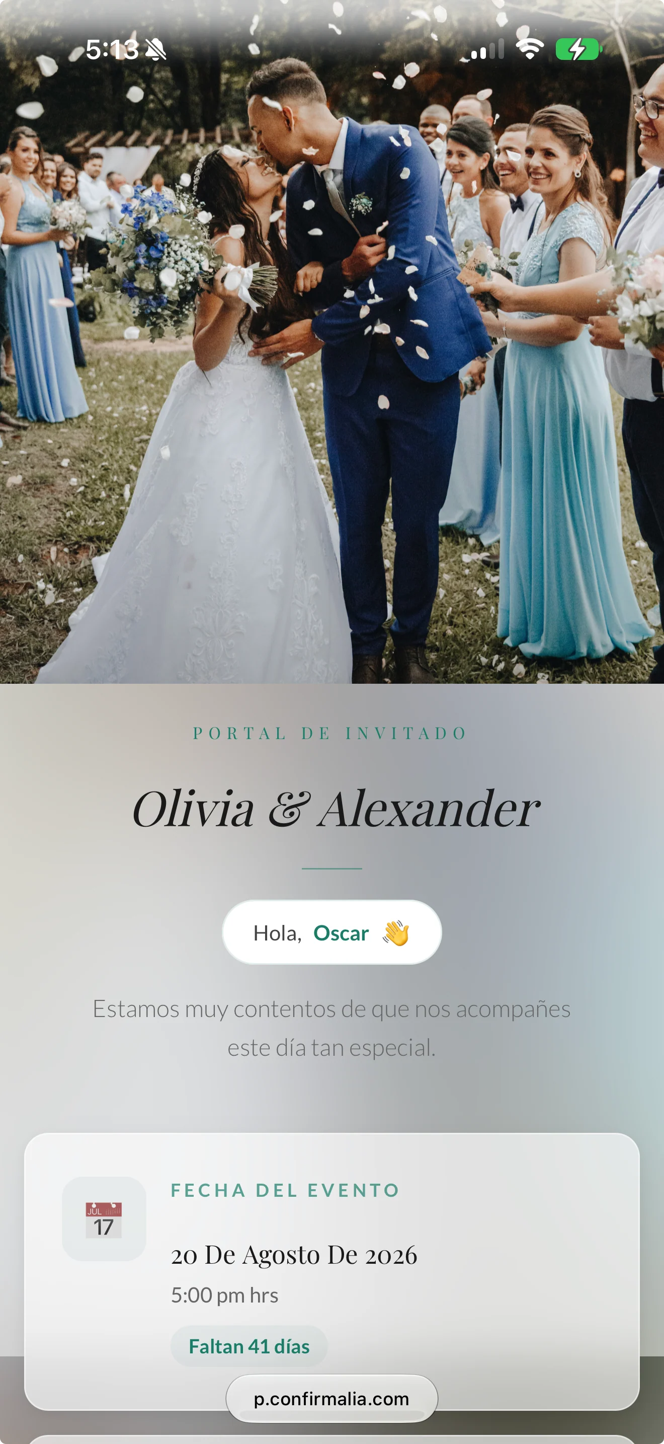 Portal del invitado real de Confirmalia con la boda de Olivia y Alexander