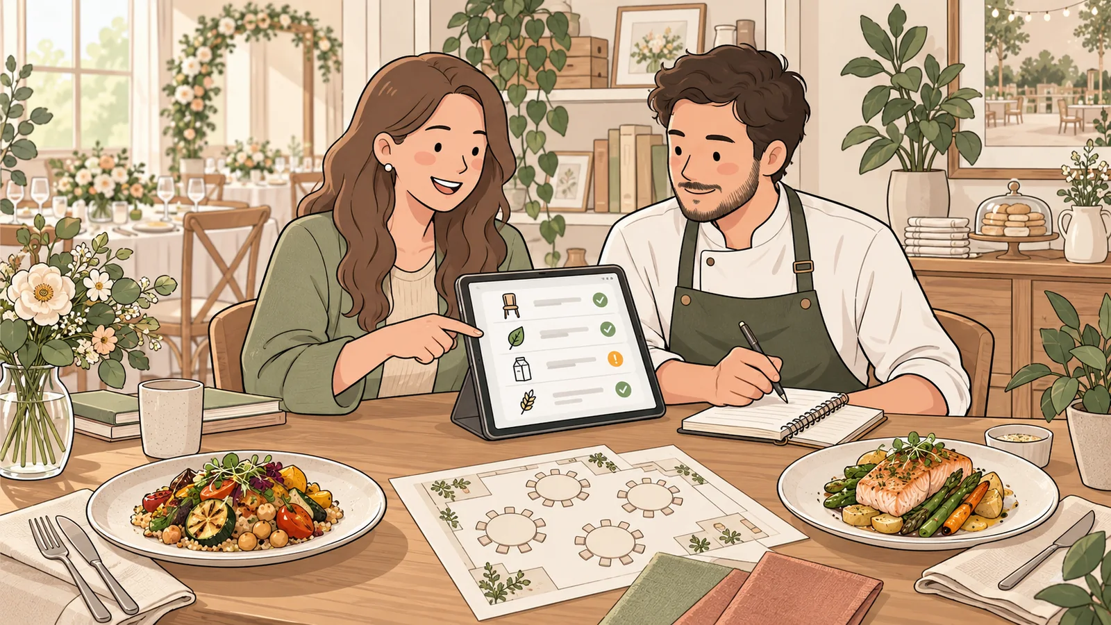 Ilustración de una organizadora y un encargado del banquete revisando lugares y necesidades alimentarias de los invitados.