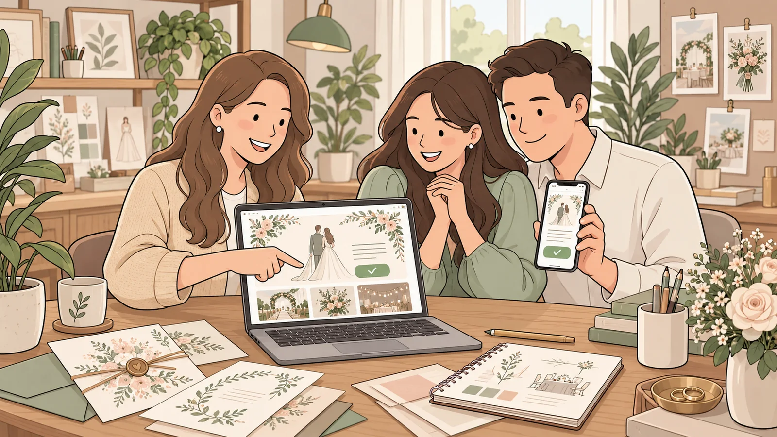 Ilustración de una pareja y su diseñadora revisando un botón para confirmar asistencia dentro de una invitación web.