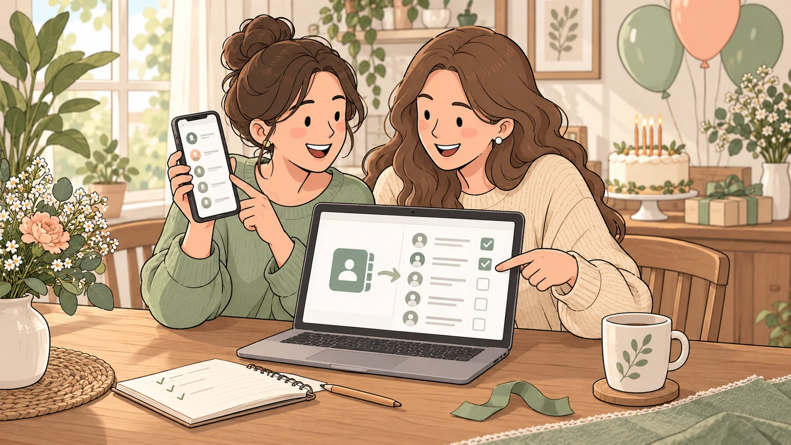 Ilustración de dos hermanas preparando un cumpleaños y seleccionando contactos del teléfono para la lista de invitados en una laptop.