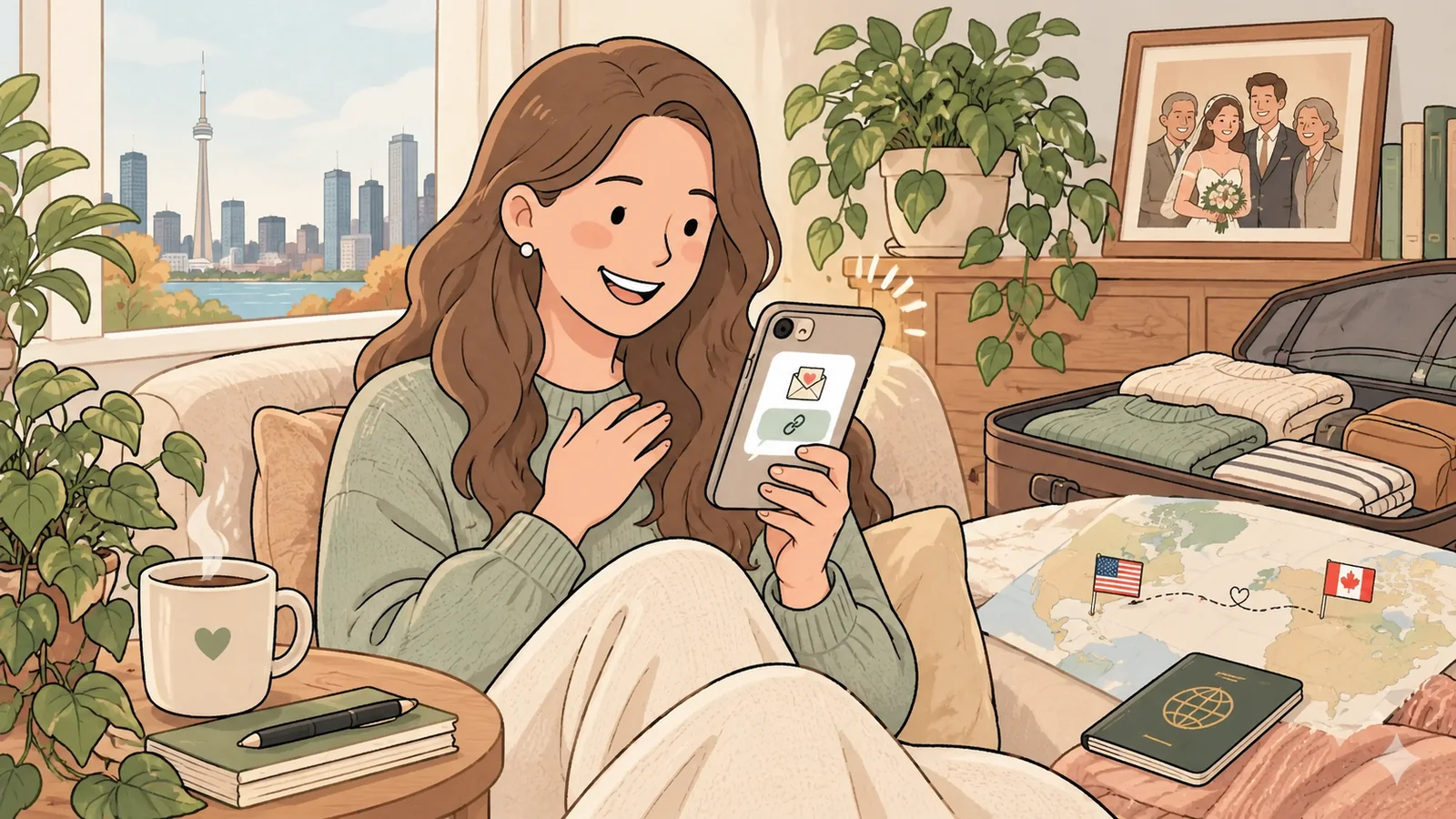 Ilustración de un invitado en el extranjero recibiendo una invitación por SMS en su teléfono.