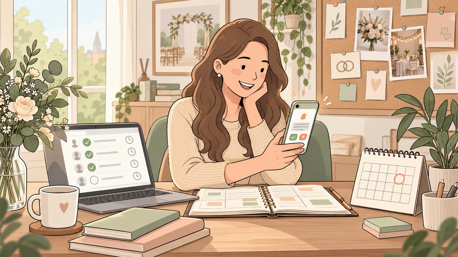 Ilustración de una organizadora consultando un recordatorio de asistencia junto a un calendario con la fecha de cierre marcada.